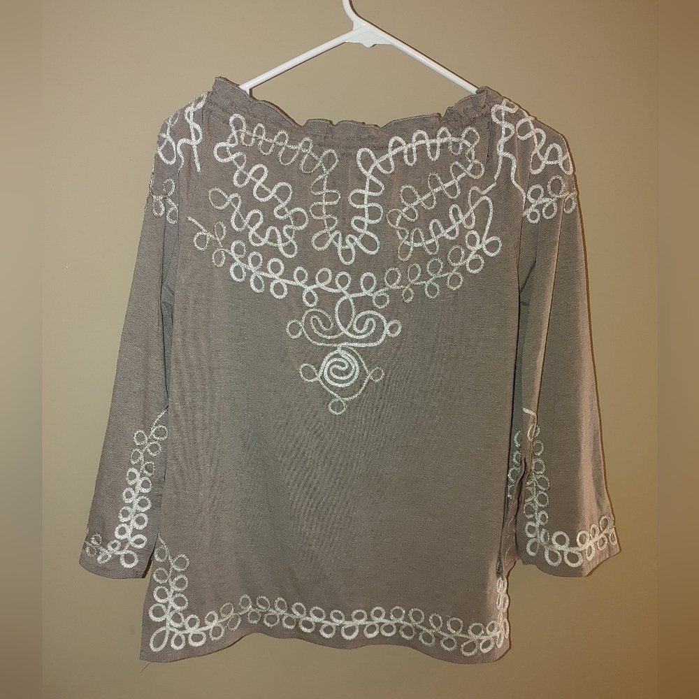 Lauren Michelle Women's Embroidered Brown Top W/bell Sleeve, Size M - Picture 3 of 7